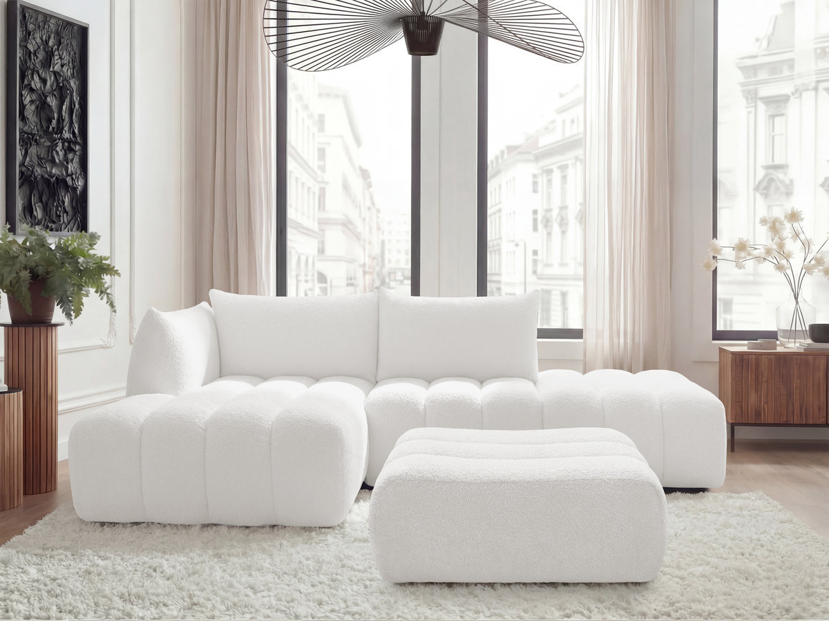 Canapé d'angle fixe modulable AZRA tissu bouclette avec pouf