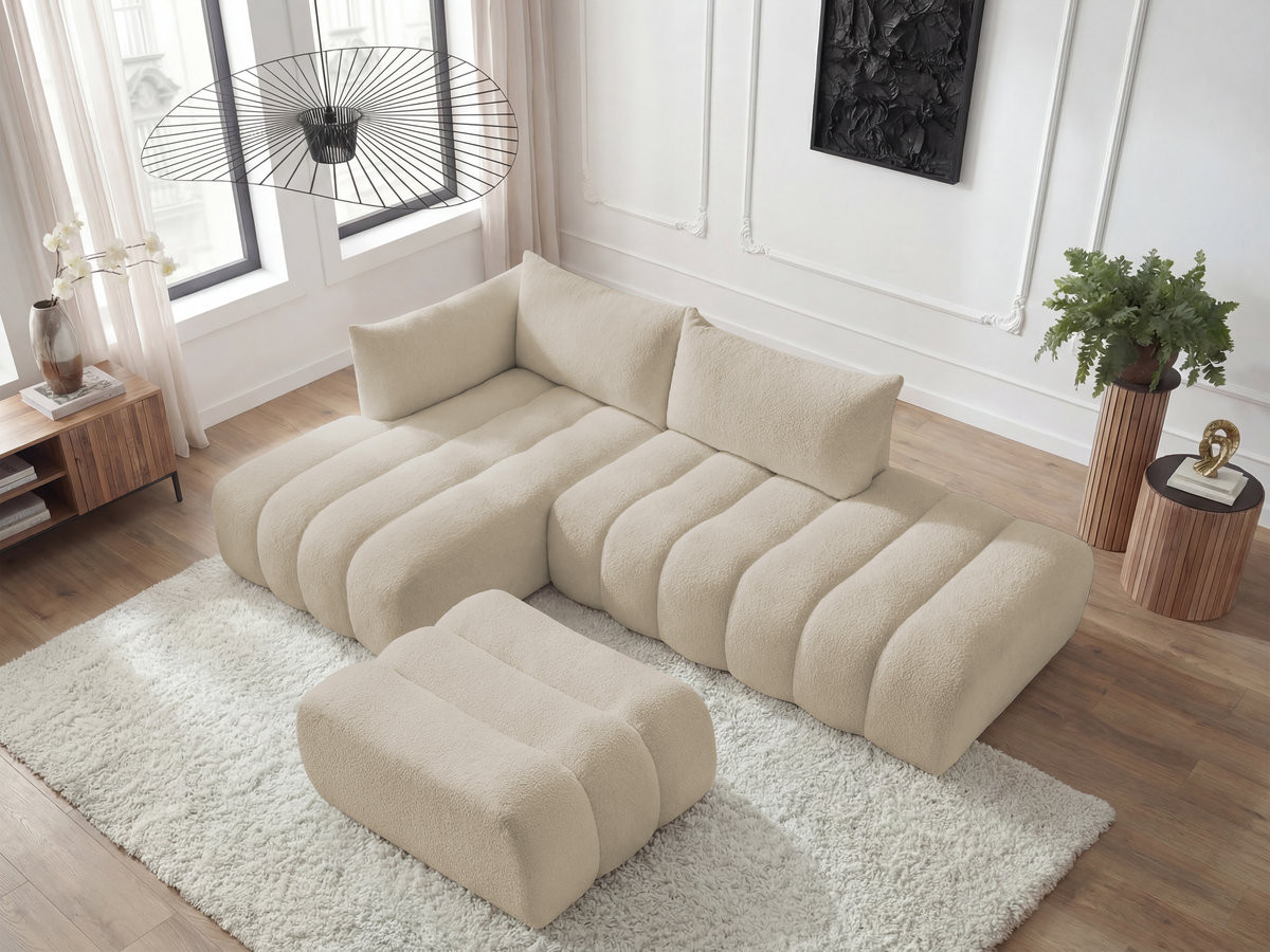 Canapé d'angle fixe modulable AZRA tissu bouclette avec pouf