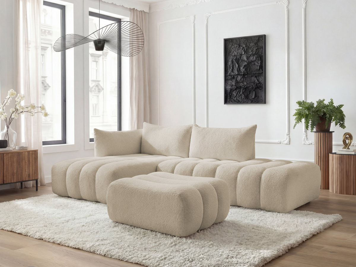 Canapé d'angle fixe modulable AZRA tissu bouclette avec pouf