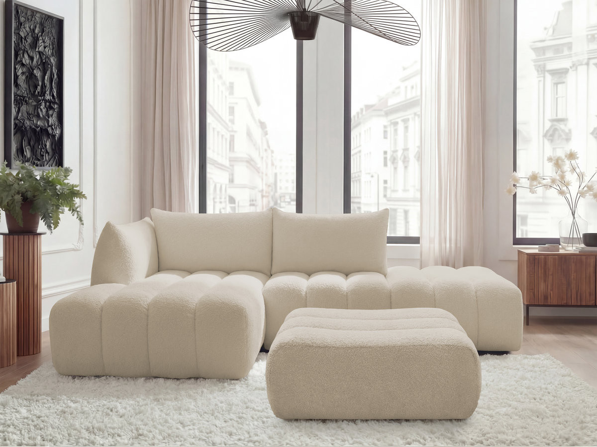 Canapé d'angle fixe modulable AZRA tissu bouclette avec pouf