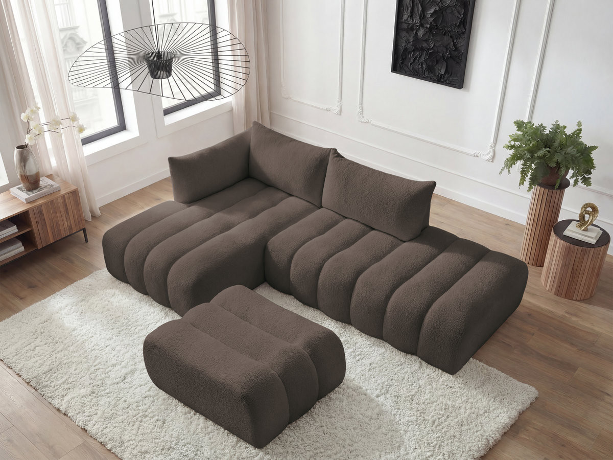 Canapé d'angle fixe modulable AZRA tissu bouclette avec pouf