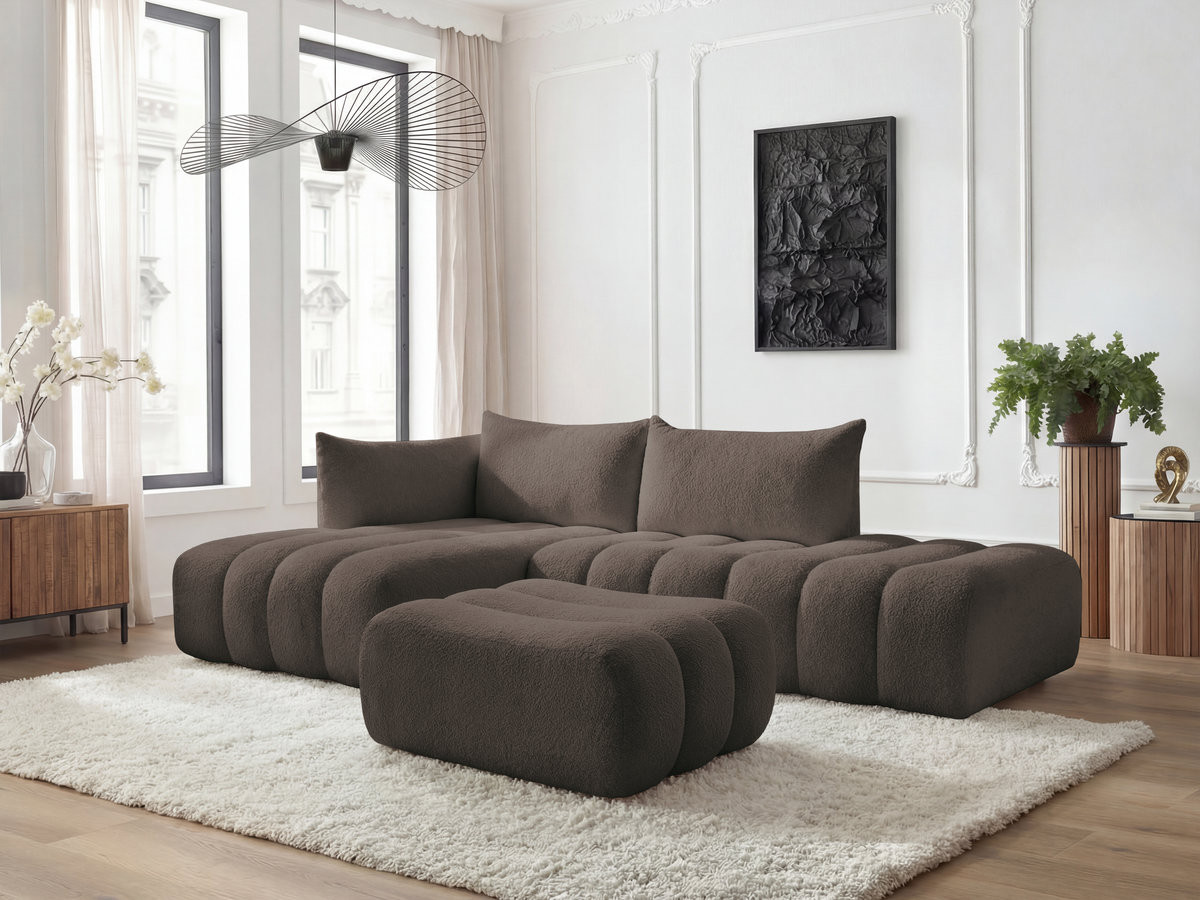 Canapé d'angle fixe modulable AZRA tissu bouclette avec pouf marron angle gauche BOBOCHIC 4 places