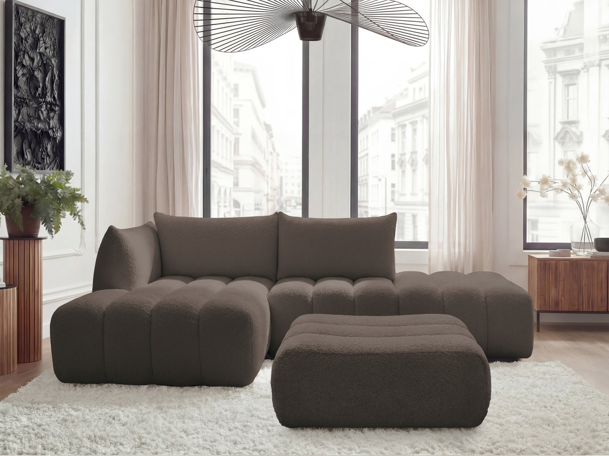 Canapé d'angle fixe modulable AZRA tissu bouclette avec pouf