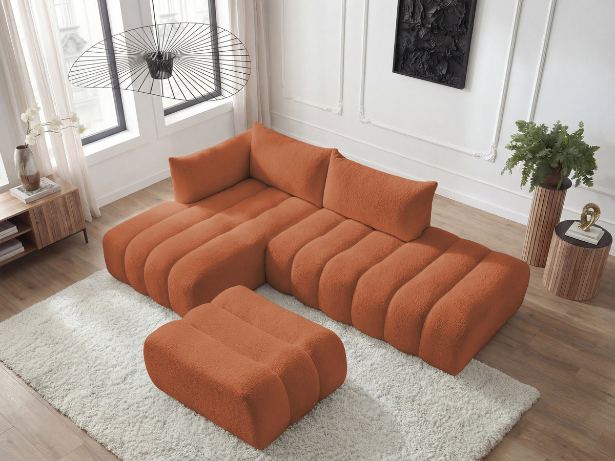 Canapé d'angle fixe modulable AZRA tissu bouclette avec pouf