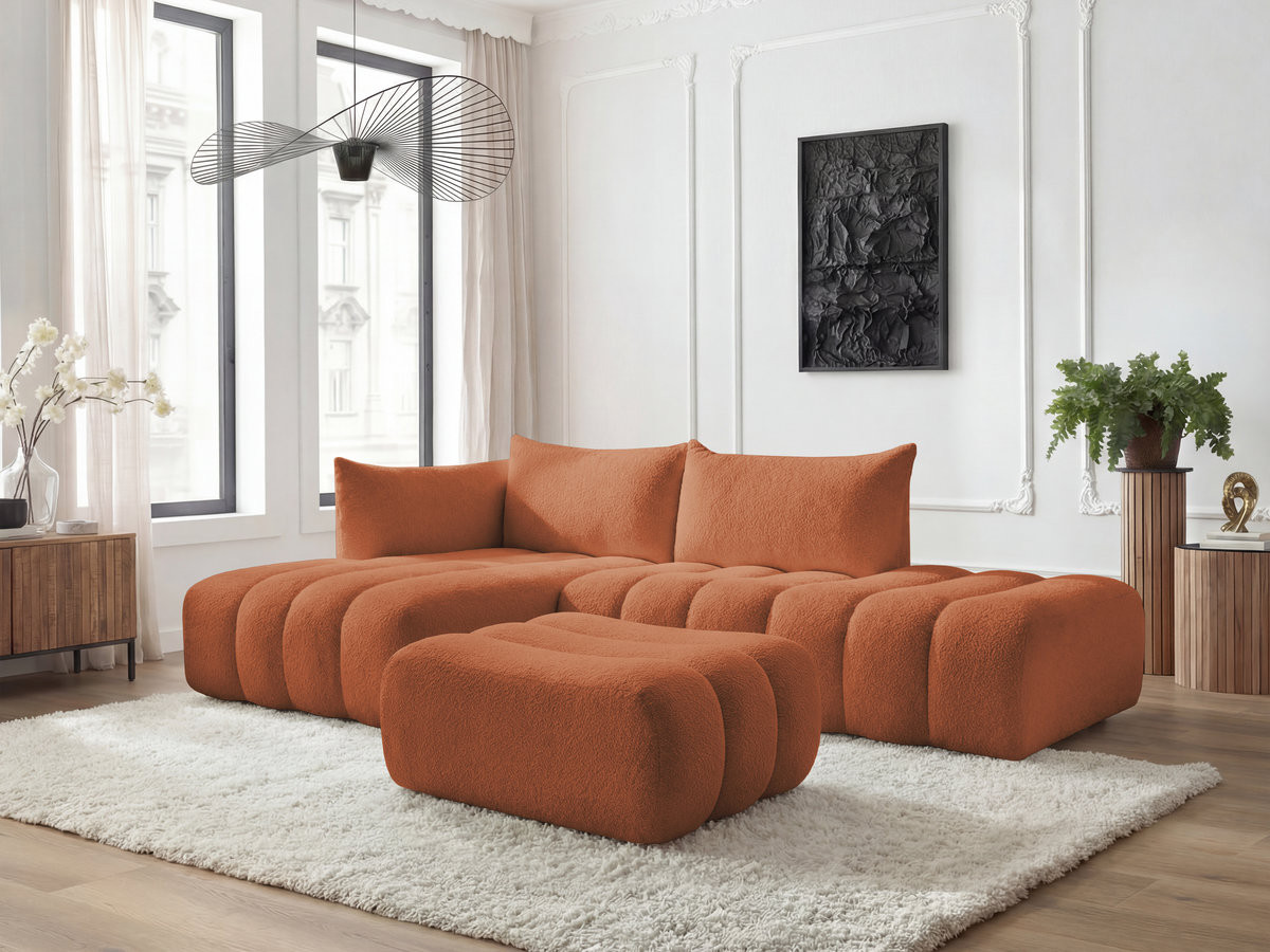 Canapé d'angle fixe modulable AZRA tissu bouclette avec pouf