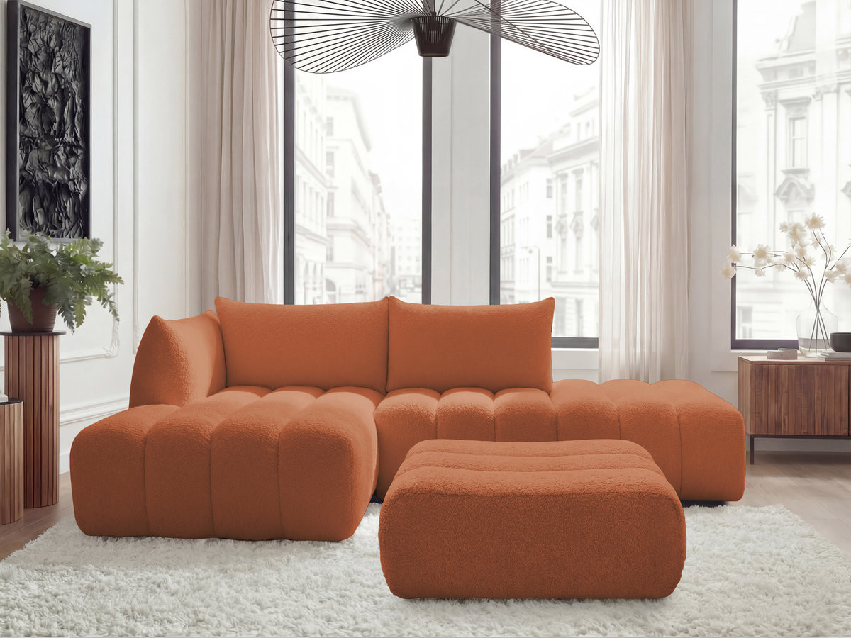 Canapé d'angle fixe modulable AZRA tissu bouclette avec pouf