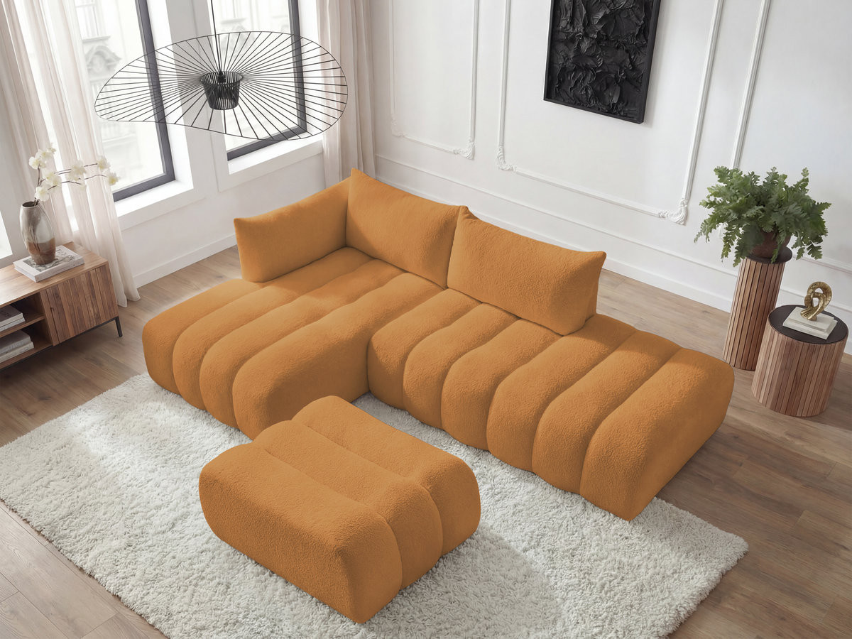 Canapé d'angle fixe modulable AZRA tissu bouclette avec pouf
