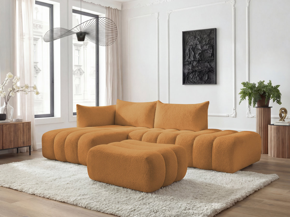 Canapé d'angle fixe modulable AZRA tissu bouclette avec pouf