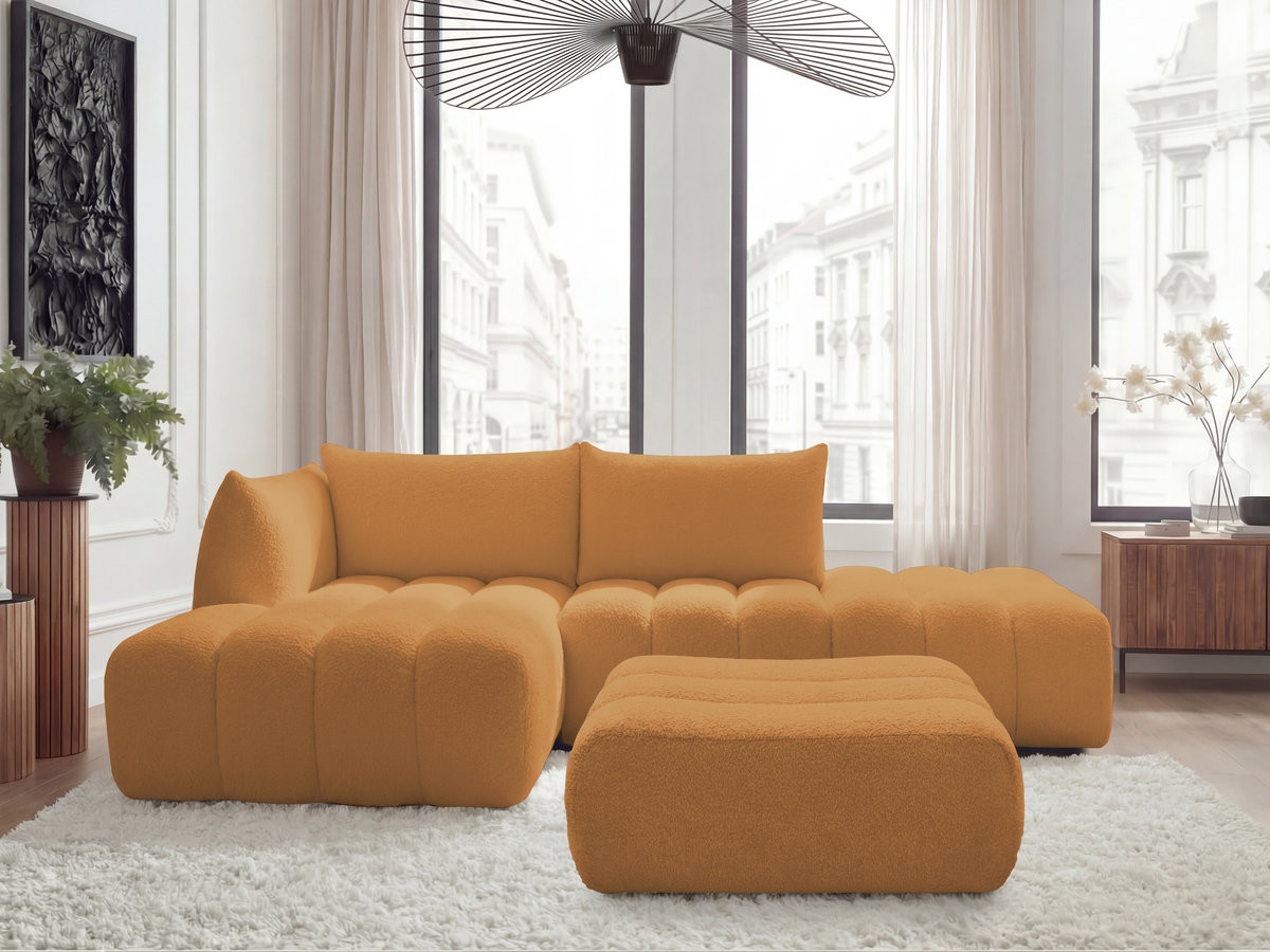 Canapé d'angle fixe modulable AZRA tissu bouclette avec pouf