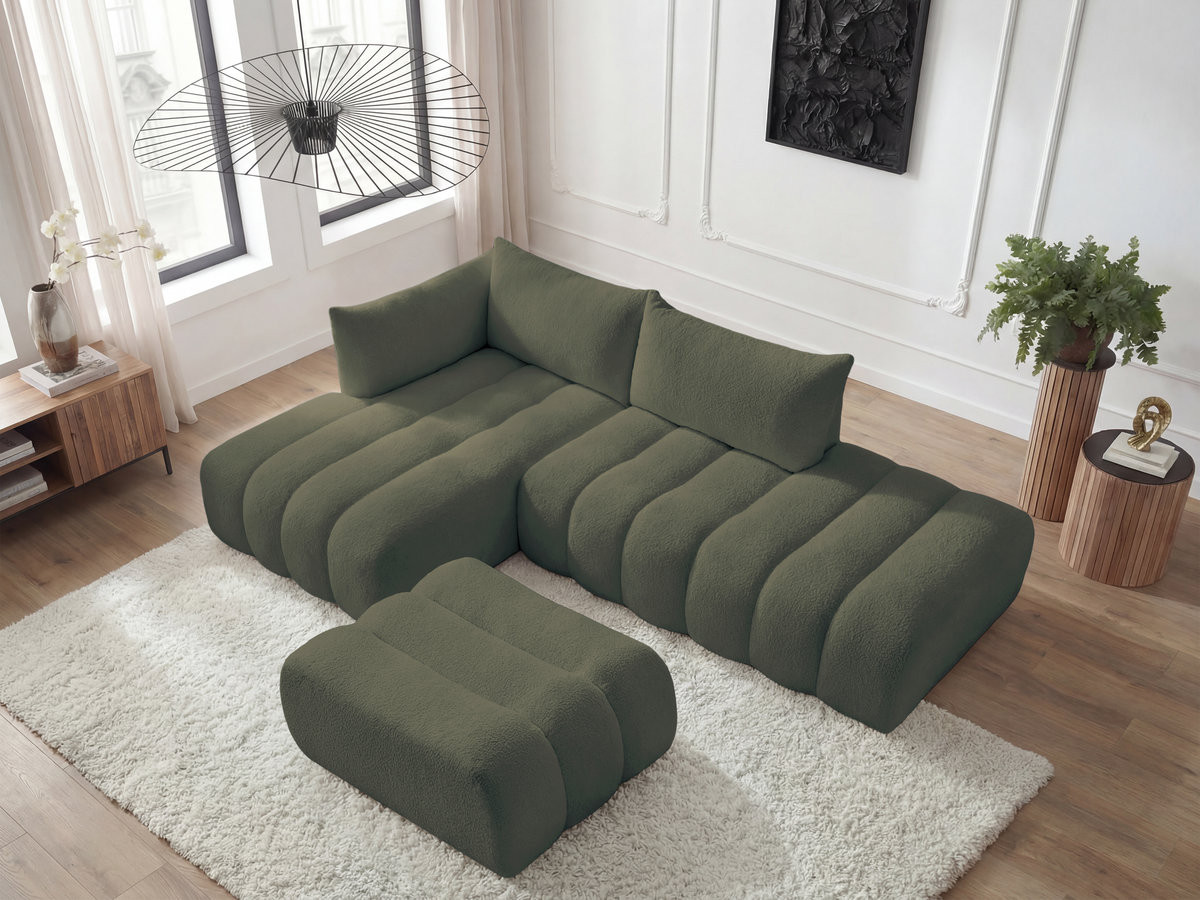 Canapé d'angle fixe modulable AZRA tissu bouclette avec pouf