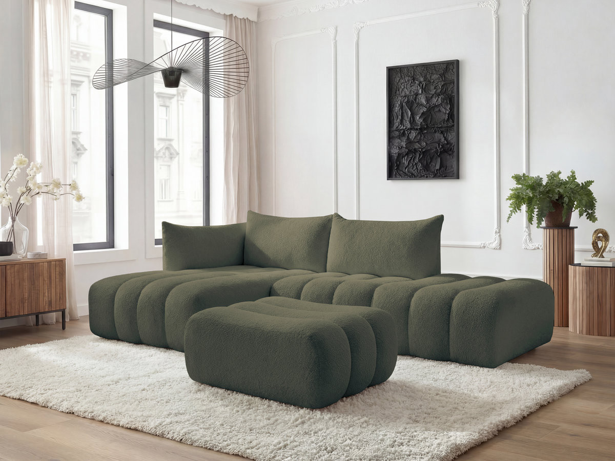Canapé d'angle fixe modulable AZRA tissu bouclette avec pouf