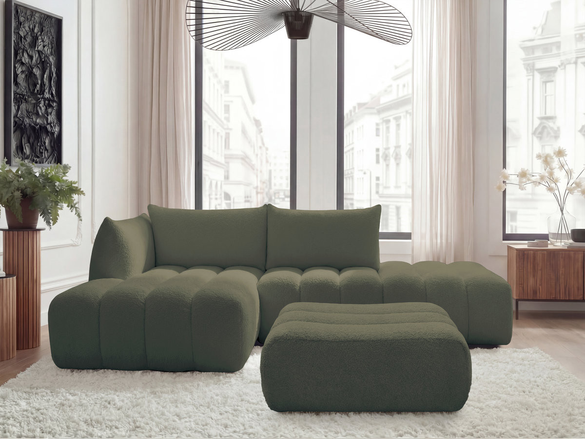 Canapé d'angle fixe modulable AZRA tissu bouclette avec pouf