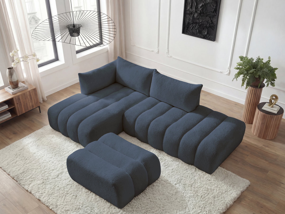 Canapé d'angle fixe modulable AZRA tissu bouclette avec pouf