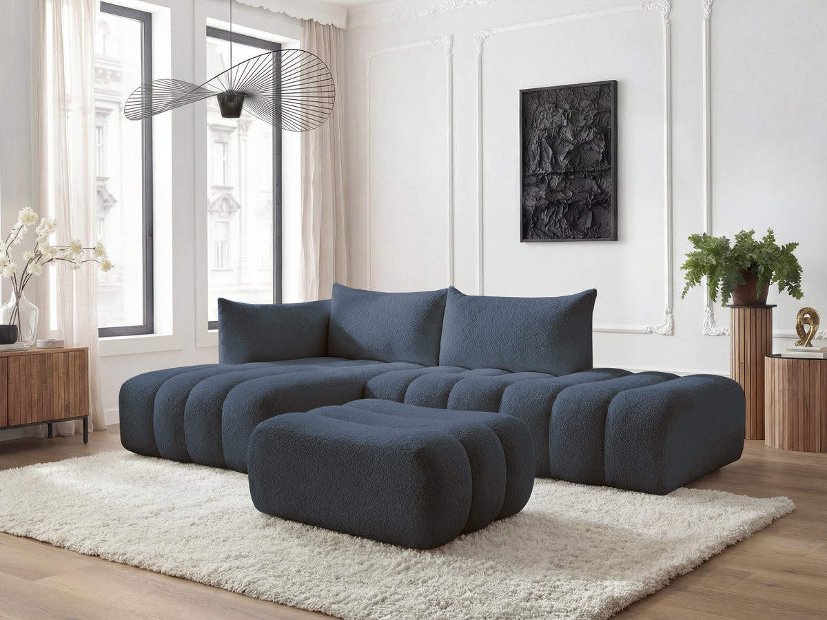 Canapé d'angle fixe modulable AZRA tissu bouclette avec pouf