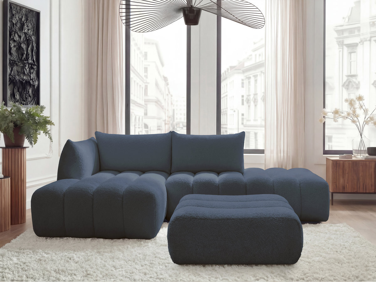 Canapé d'angle fixe modulable AZRA tissu bouclette avec pouf