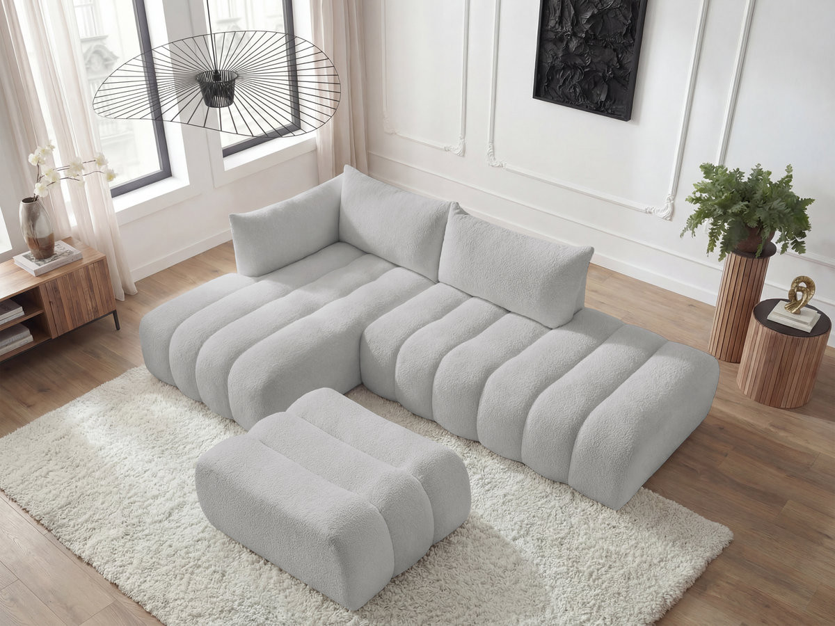Canapé d'angle fixe modulable AZRA tissu bouclette avec pouf