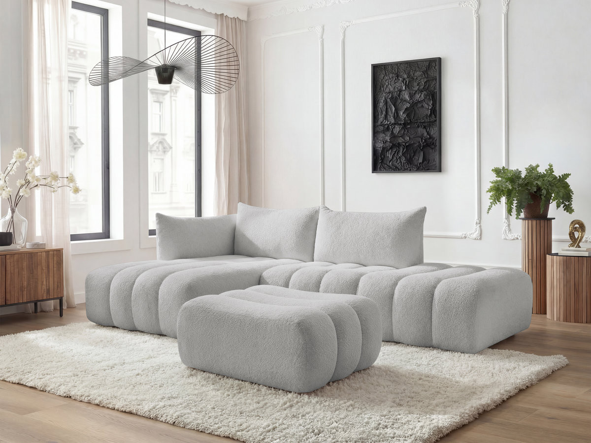 Canapé d'angle fixe modulable AZRA tissu bouclette avec pouf