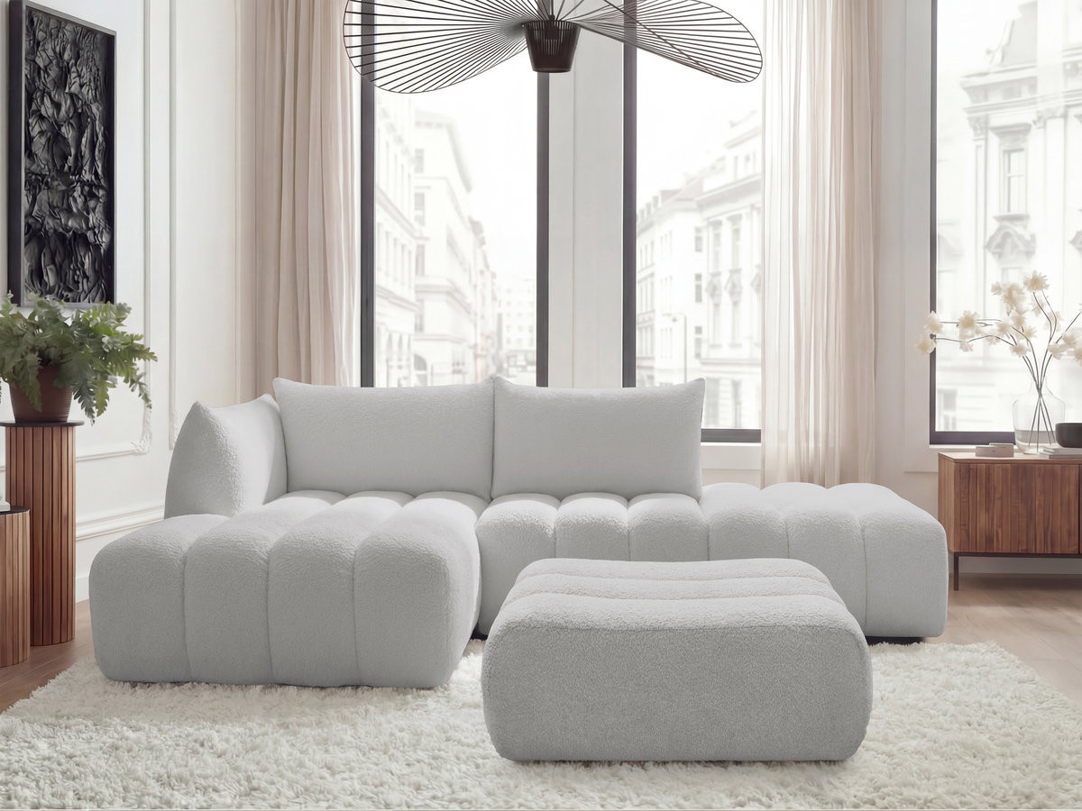 Canapé d'angle fixe modulable AZRA tissu bouclette avec pouf