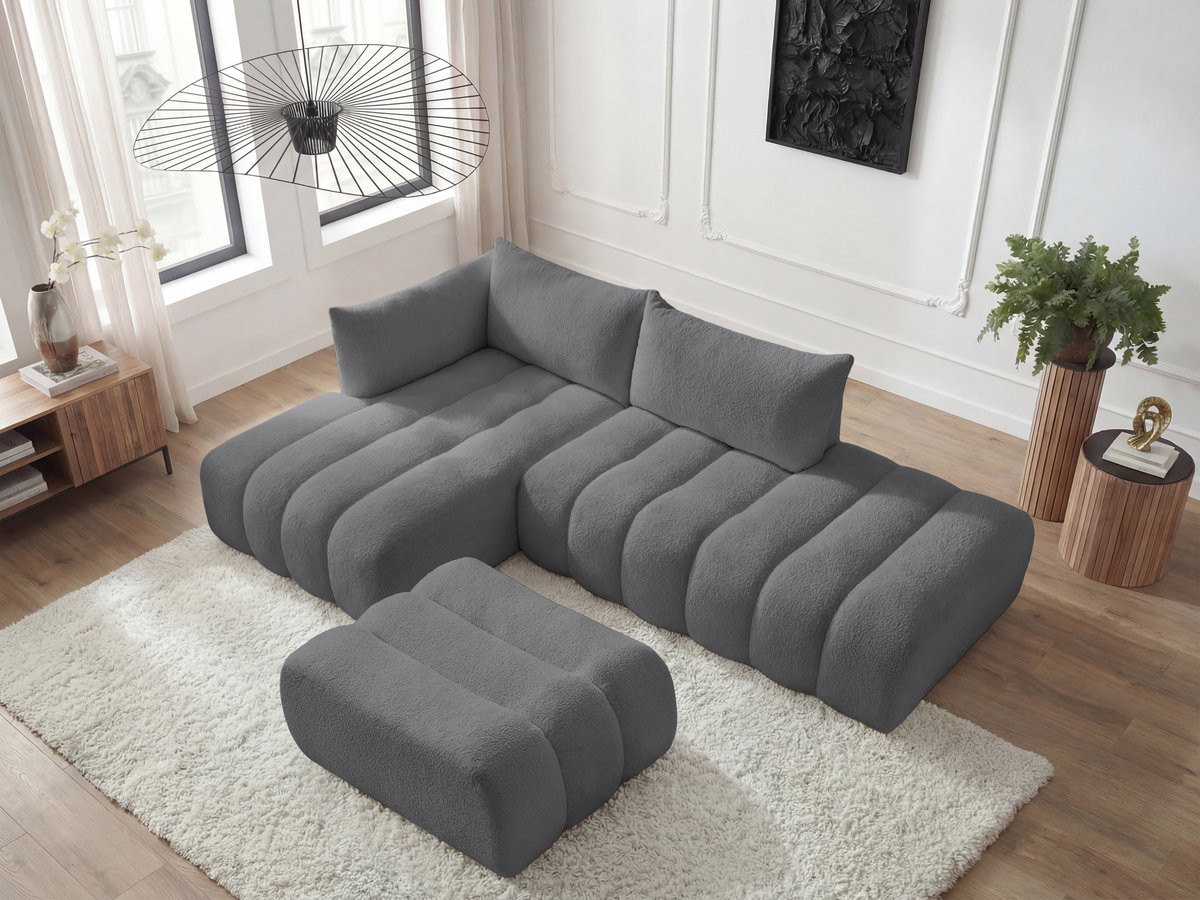Canapé d'angle fixe modulable AZRA tissu bouclette avec pouf