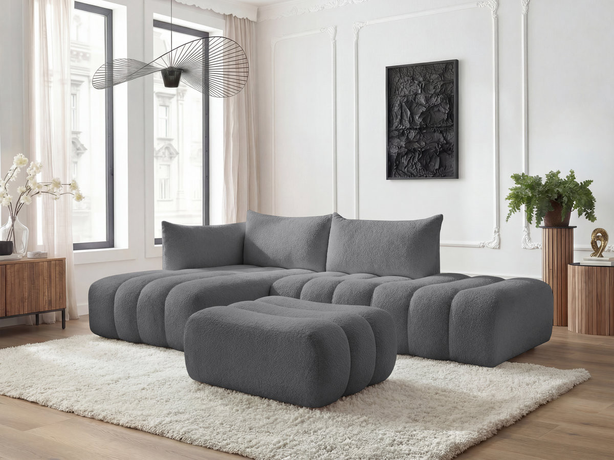 Canapé d'angle fixe modulable AZRA tissu bouclette avec pouf gris foncé angle gauche BOBOCHIC 4 places