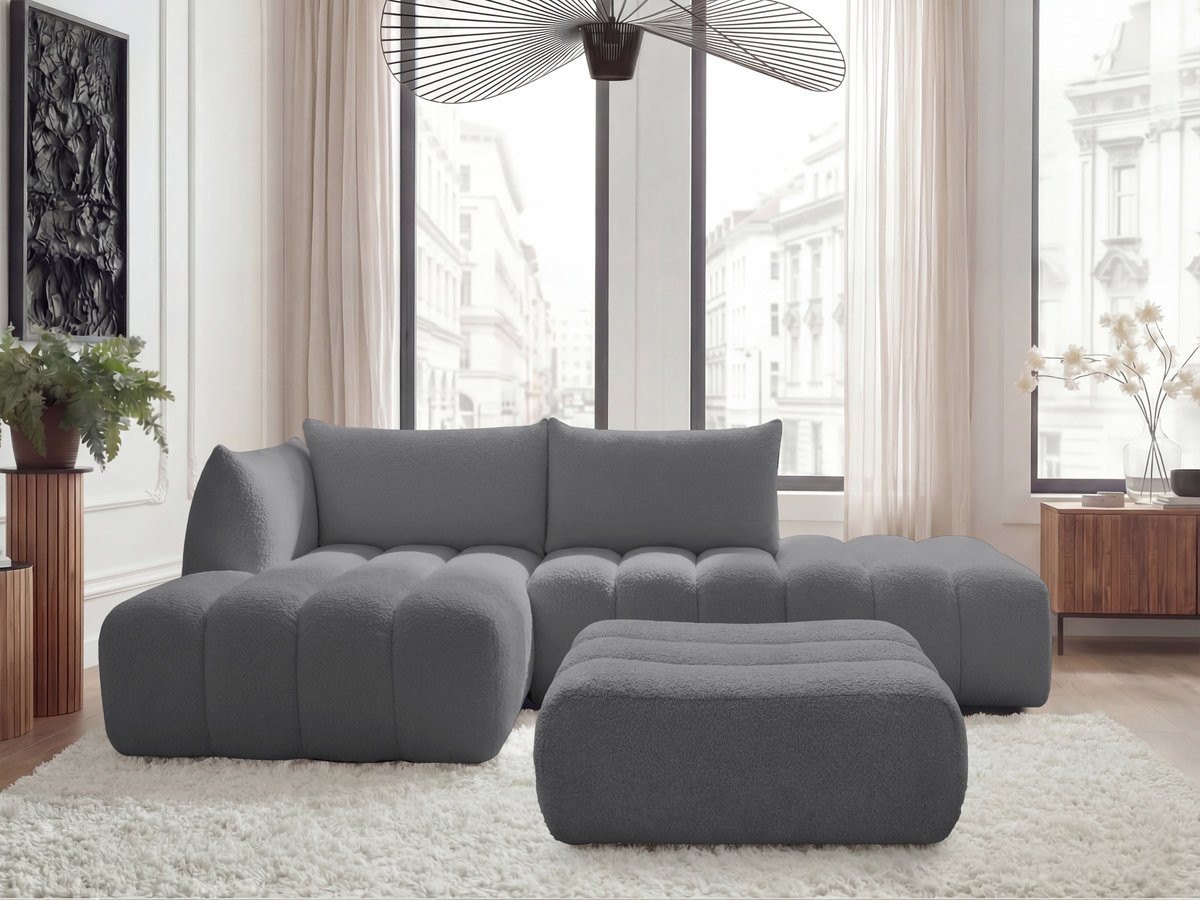Canapé d'angle fixe modulable AZRA tissu bouclette avec pouf