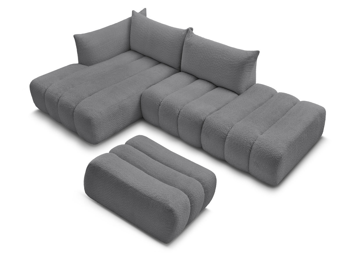 Canapé d'angle fixe modulable AZRA tissu bouclette avec pouf