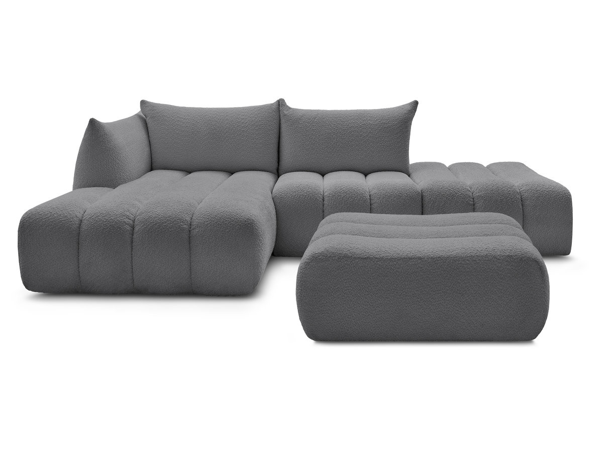 Canapé d'angle fixe modulable AZRA tissu bouclette avec pouf