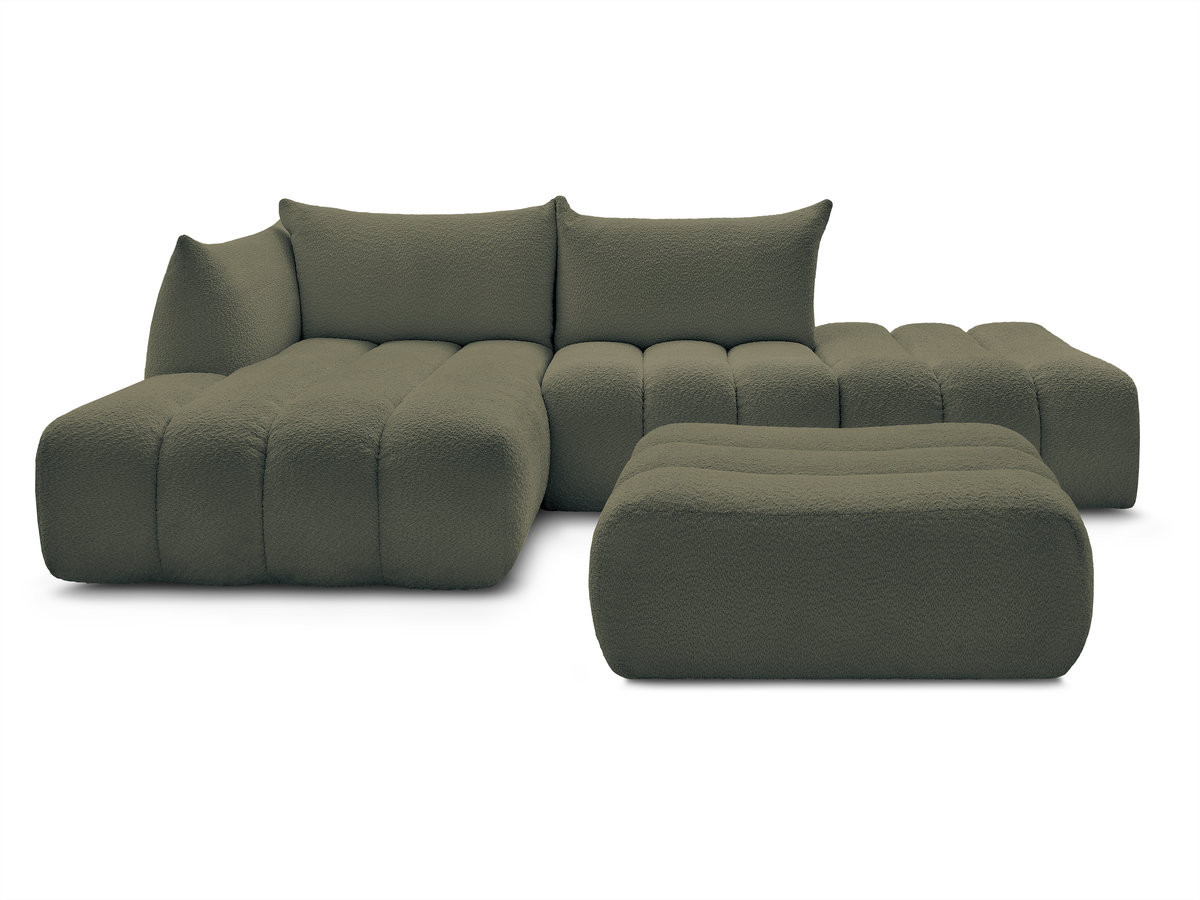 Canapé d'angle fixe modulable AZRA tissu bouclette avec pouf