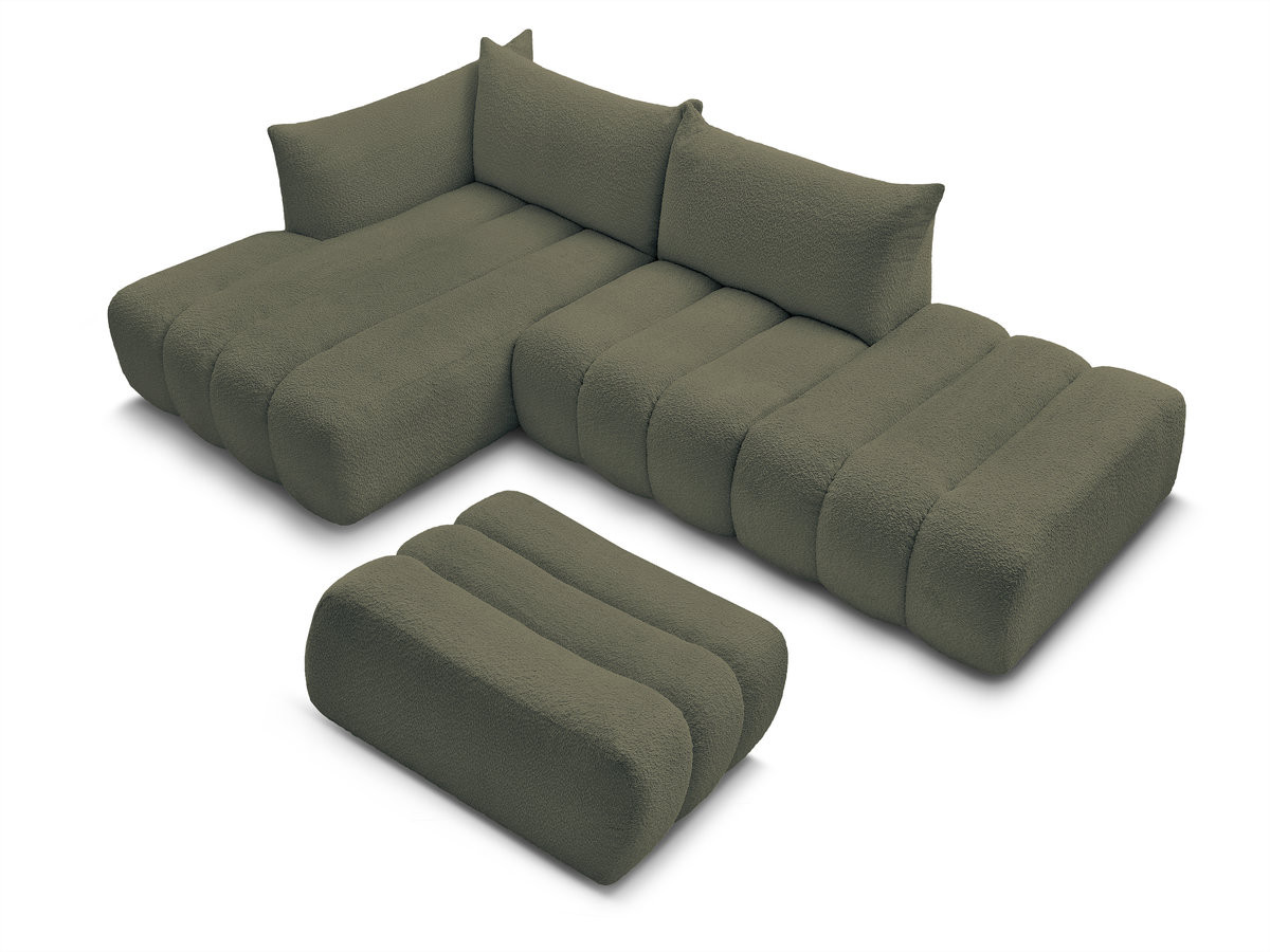 Canapé d'angle fixe modulable AZRA tissu bouclette avec pouf
