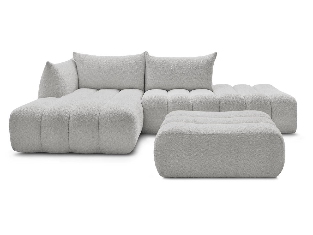 Canapé d'angle fixe modulable AZRA tissu bouclette avec pouf