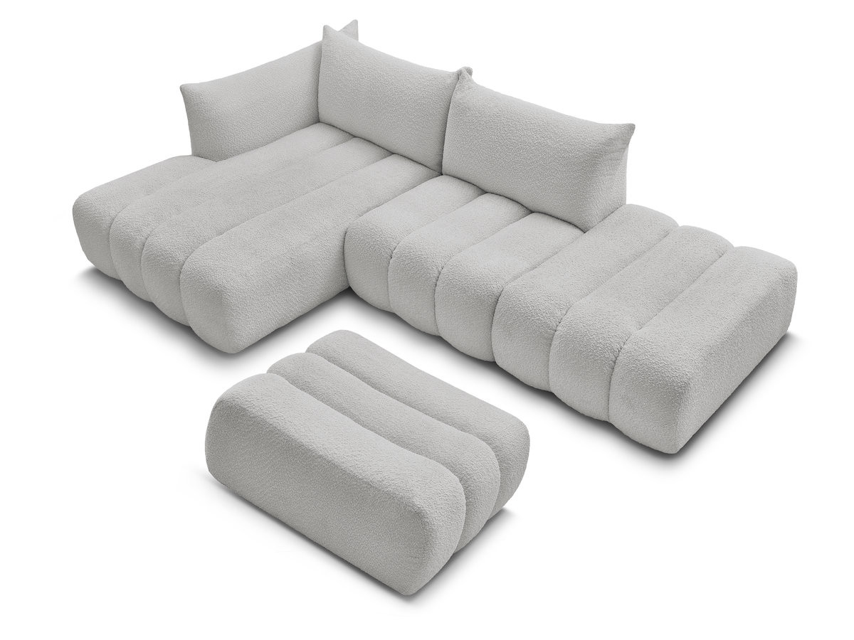 Canapé d'angle fixe modulable AZRA tissu bouclette avec pouf