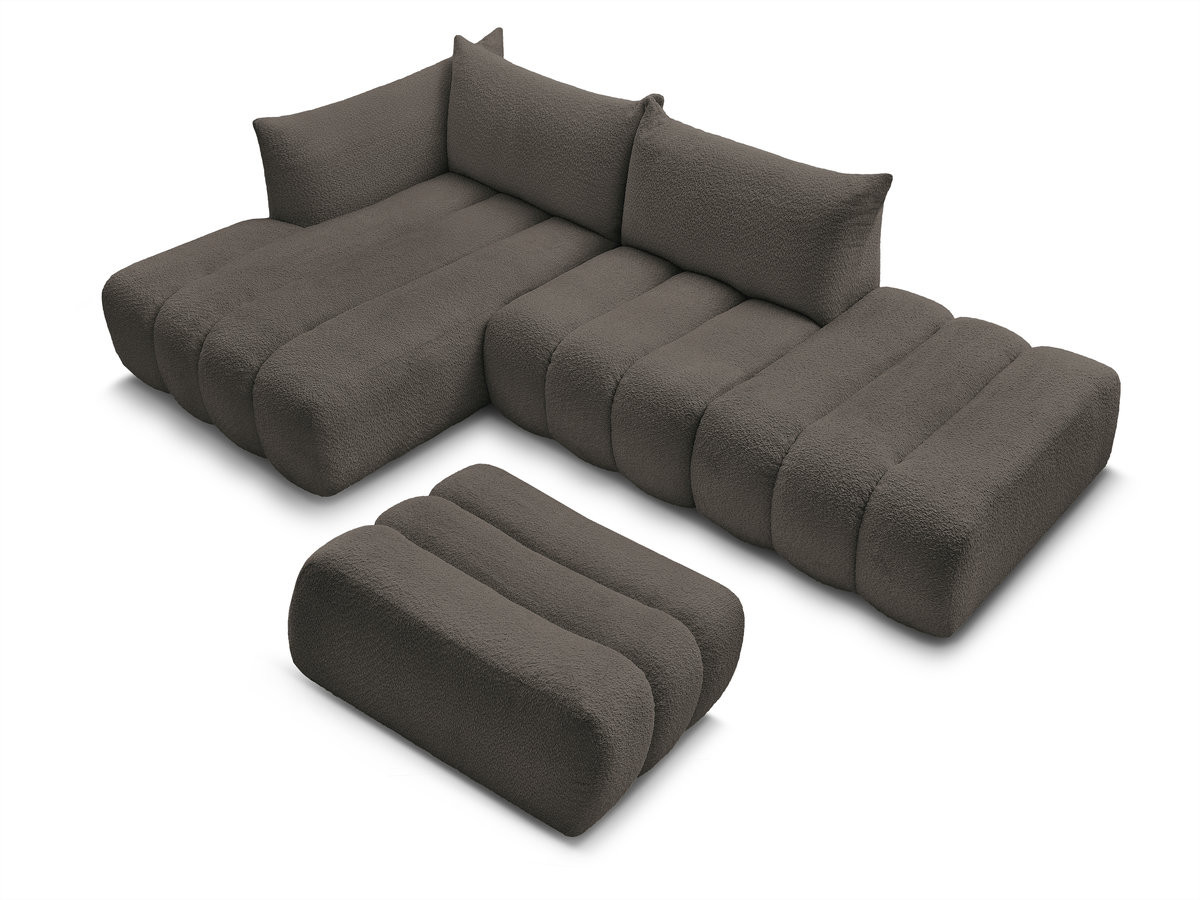 Canapé d'angle fixe modulable AZRA tissu bouclette avec pouf
