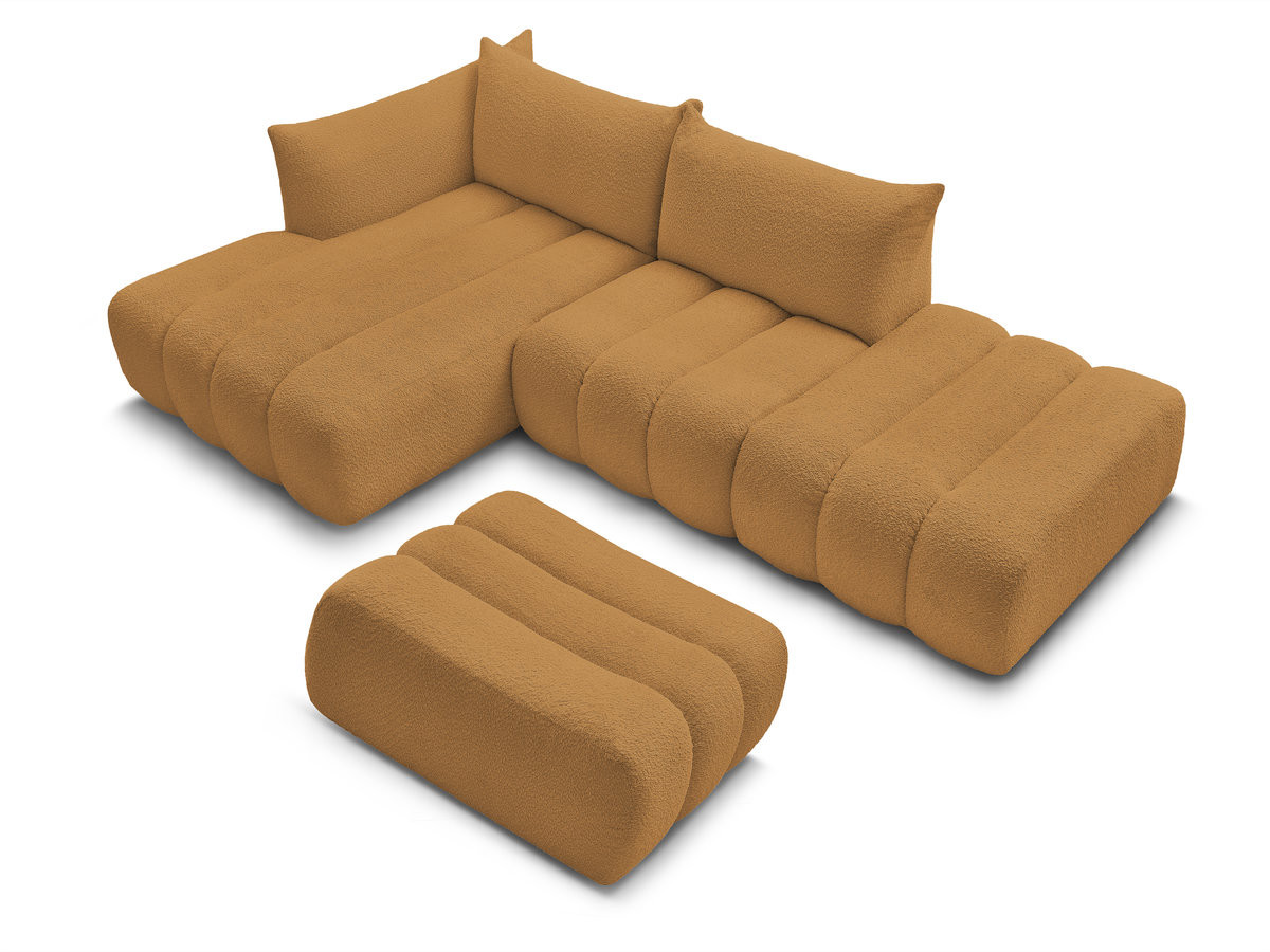 Canapé d'angle fixe modulable AZRA tissu bouclette avec pouf