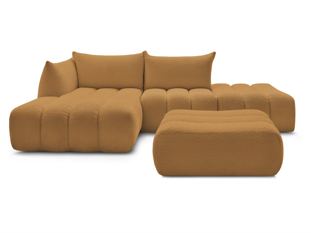 Canapé d'angle fixe modulable AZRA tissu bouclette avec pouf