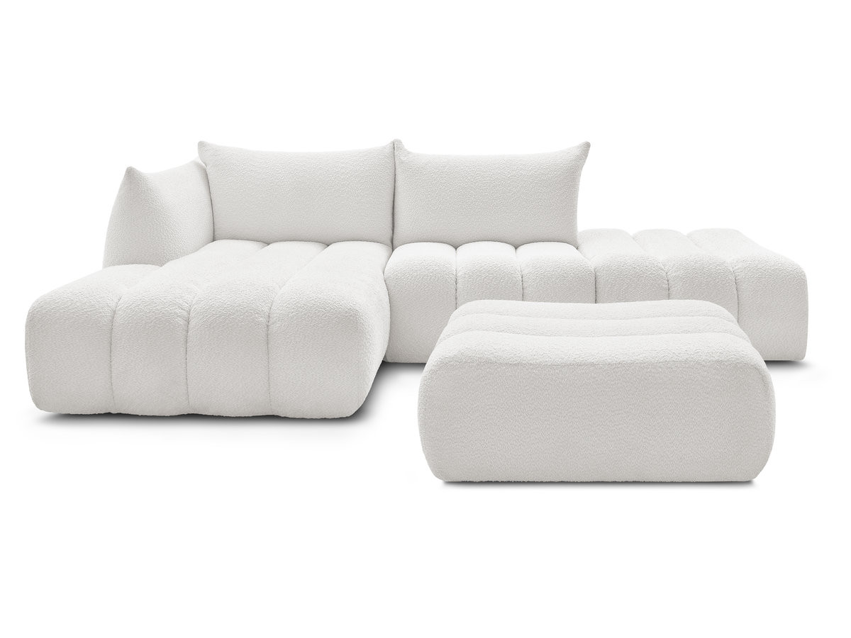 Canapé d'angle fixe modulable AZRA tissu bouclette avec pouf