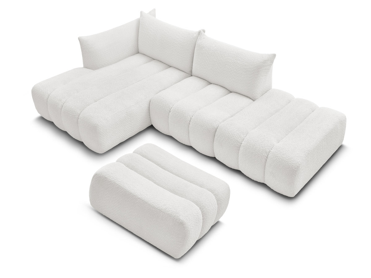 Canapé d'angle fixe modulable AZRA tissu bouclette avec pouf