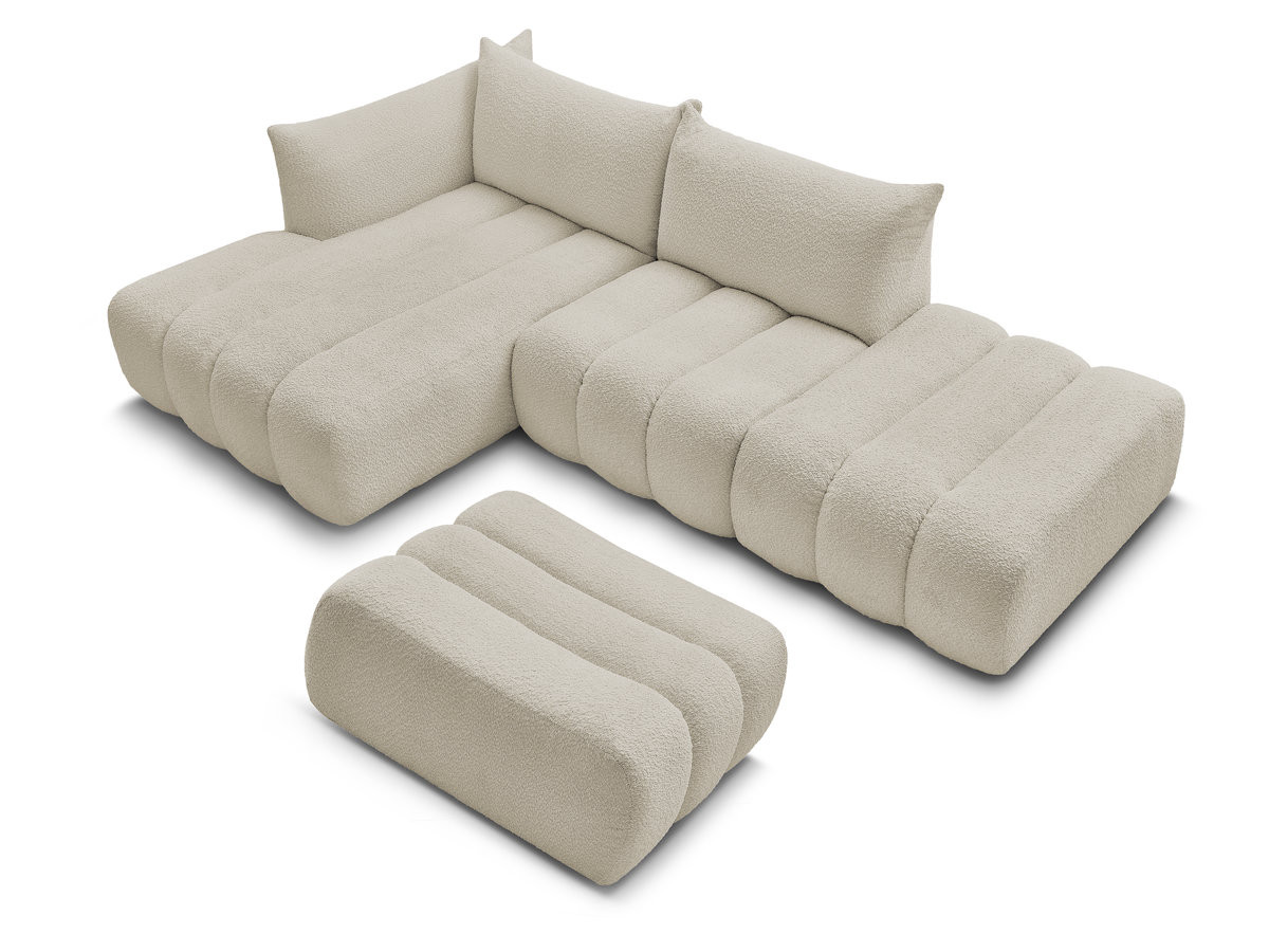 Canapé d'angle fixe modulable AZRA tissu bouclette avec pouf