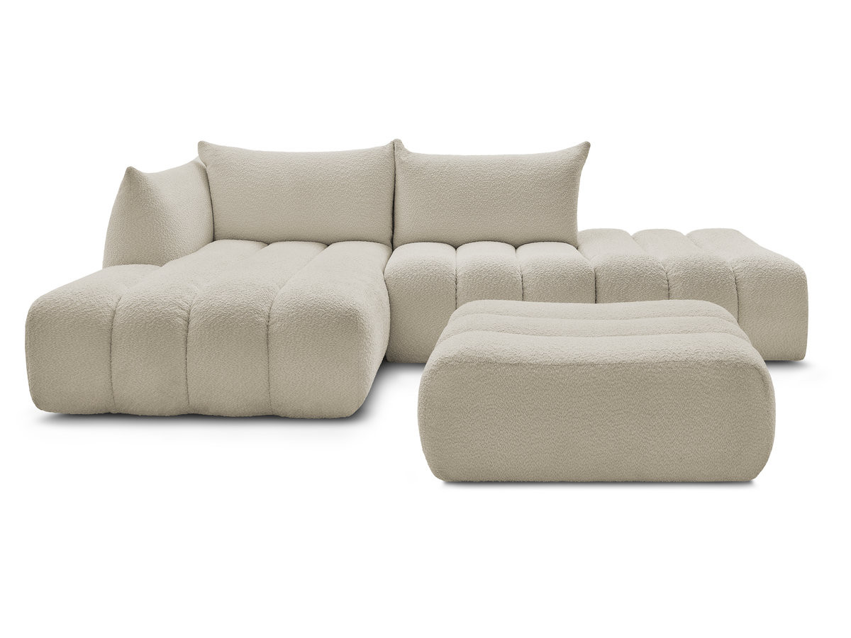 Canapé d'angle fixe modulable AZRA tissu bouclette avec pouf