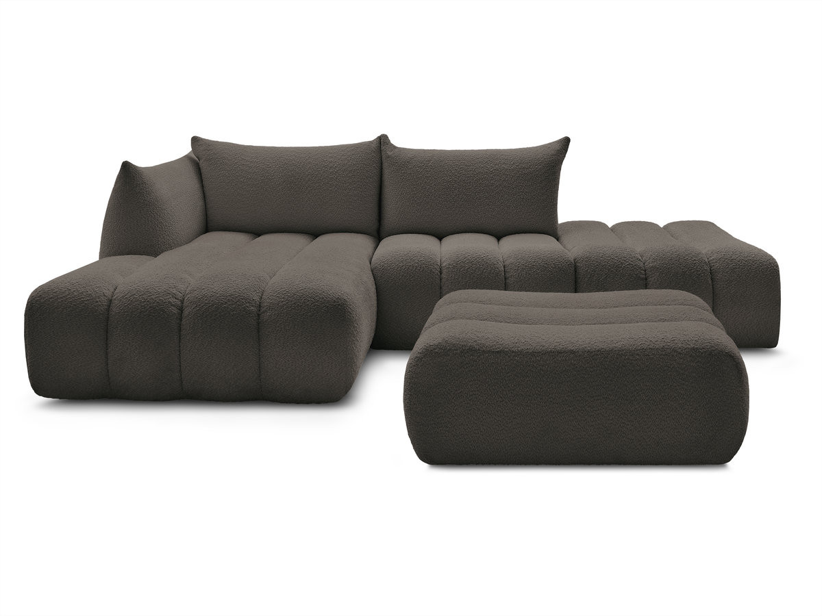 Canapé d'angle fixe modulable AZRA tissu bouclette avec pouf