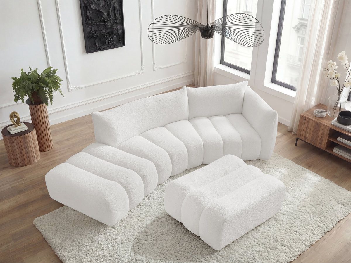 Canapé incurvé 4 places AZRA bouclette avec pouf blanc — vue 6