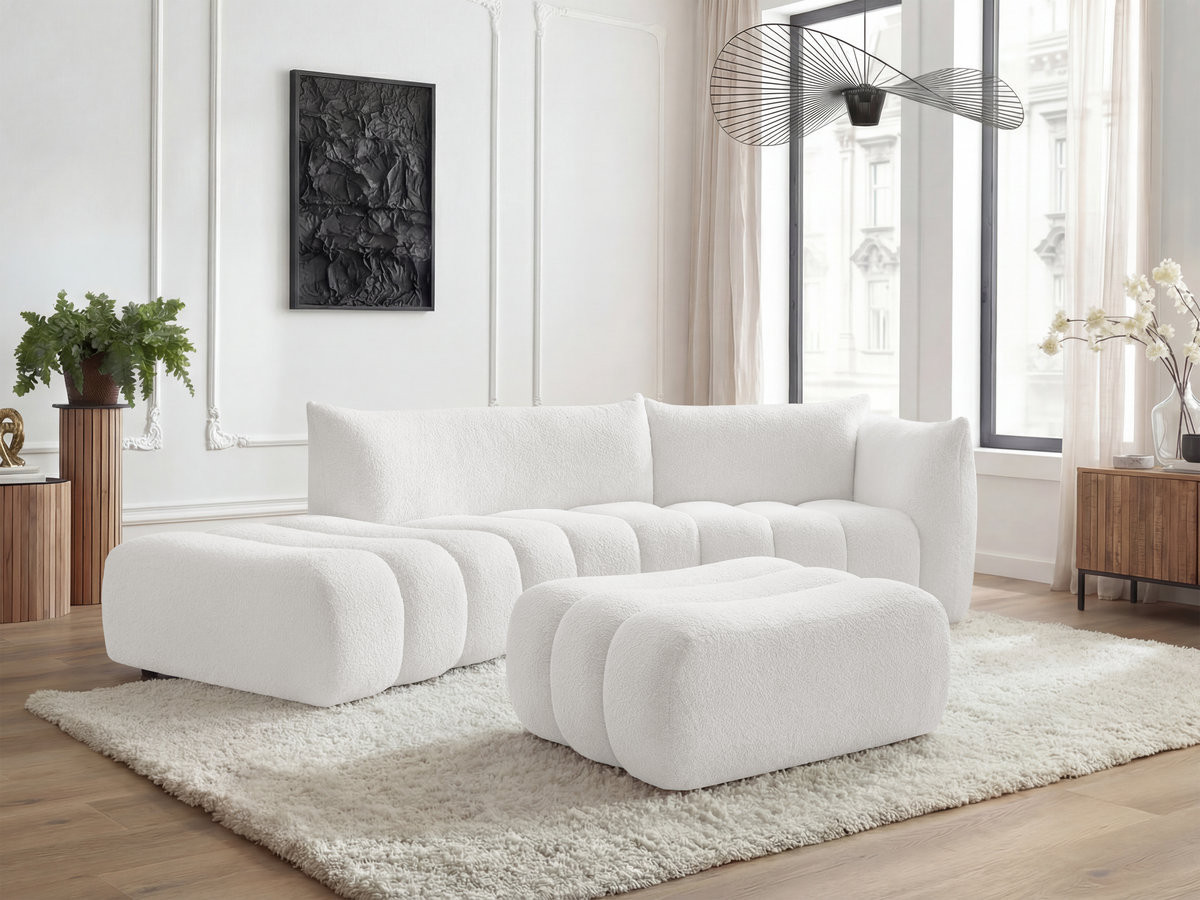 Canapé incurvé 4 places AZRA bouclette avec pouf blanc