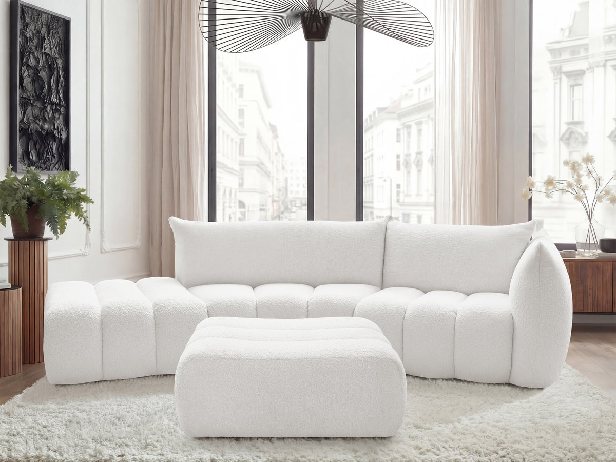 Canapé incurvé 4 places AZRA bouclette avec pouf blanc — vue 4