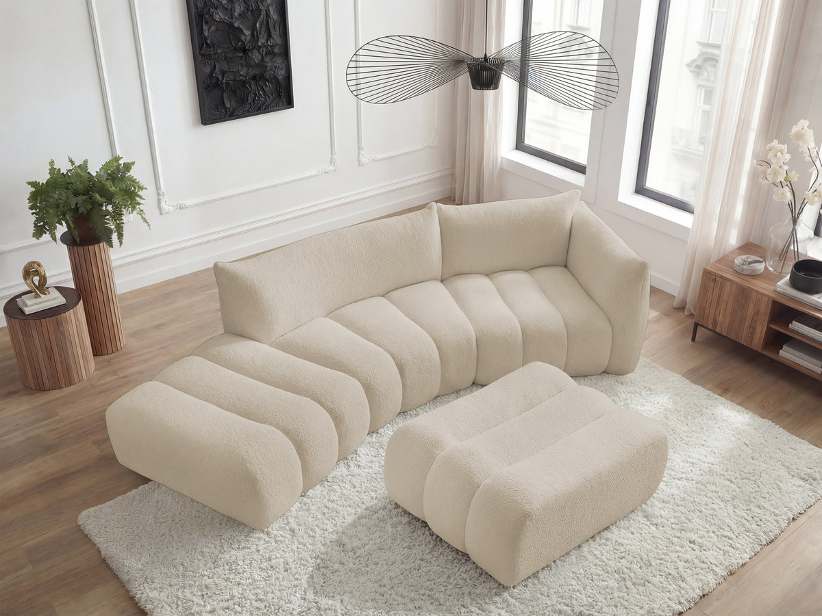Canapé incurvé 4 places AZRA bouclette avec pouf beige — vue 6
