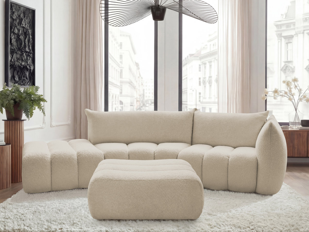 Canapé incurvé 4 places AZRA bouclette avec pouf beige — vue 4