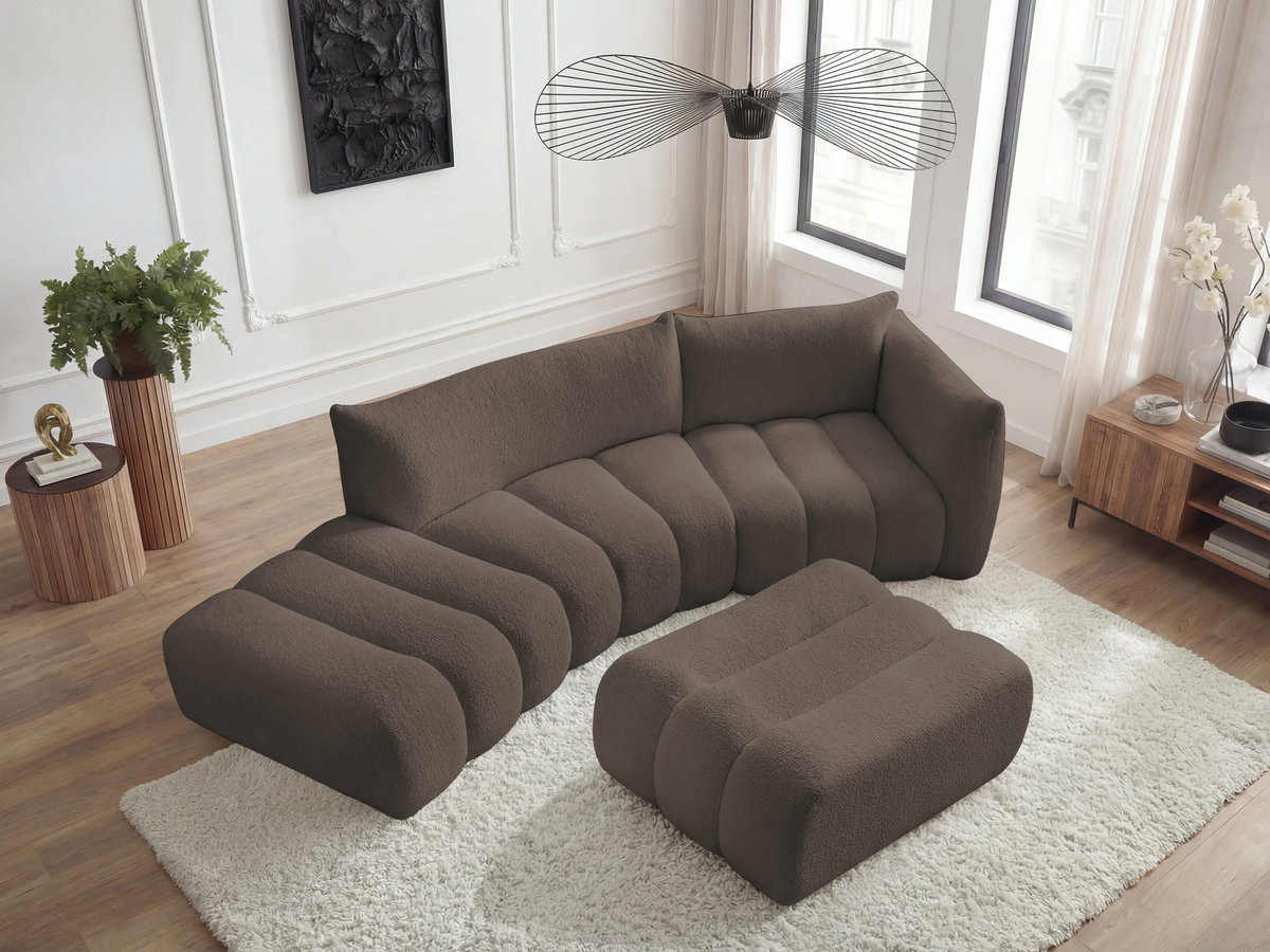 Canapé incurvé fixe 4 places AZRA tissu bouclette avec pouf