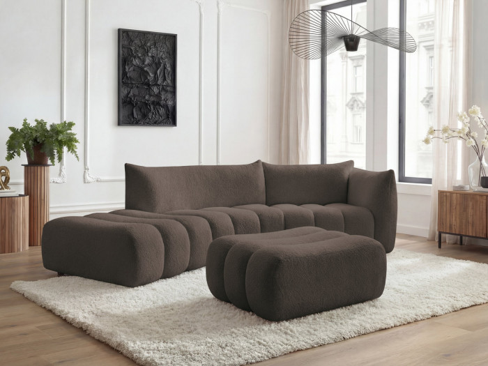 Canapé incurvé fixe 4 places AZRA tissu bouclette avec pouf
