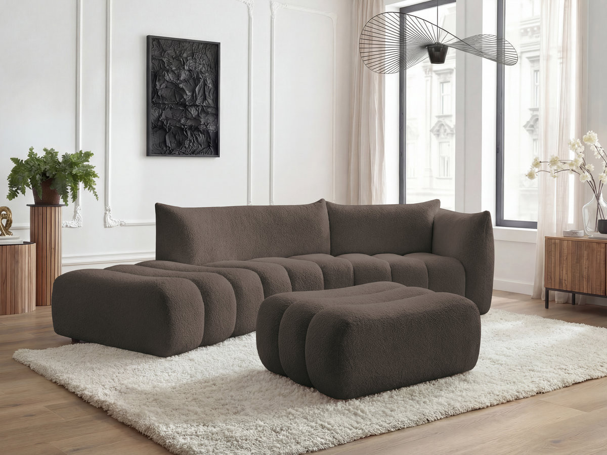 Canapé incurvé fixe 4 places AZRA tissu bouclette avec pouf