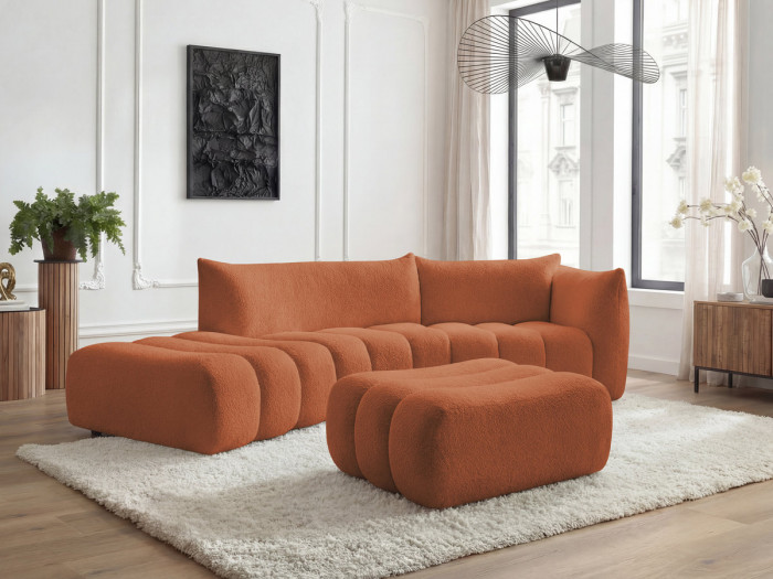 Canapé incurvé fixe 4 places AZRA tissu bouclette avec pouf