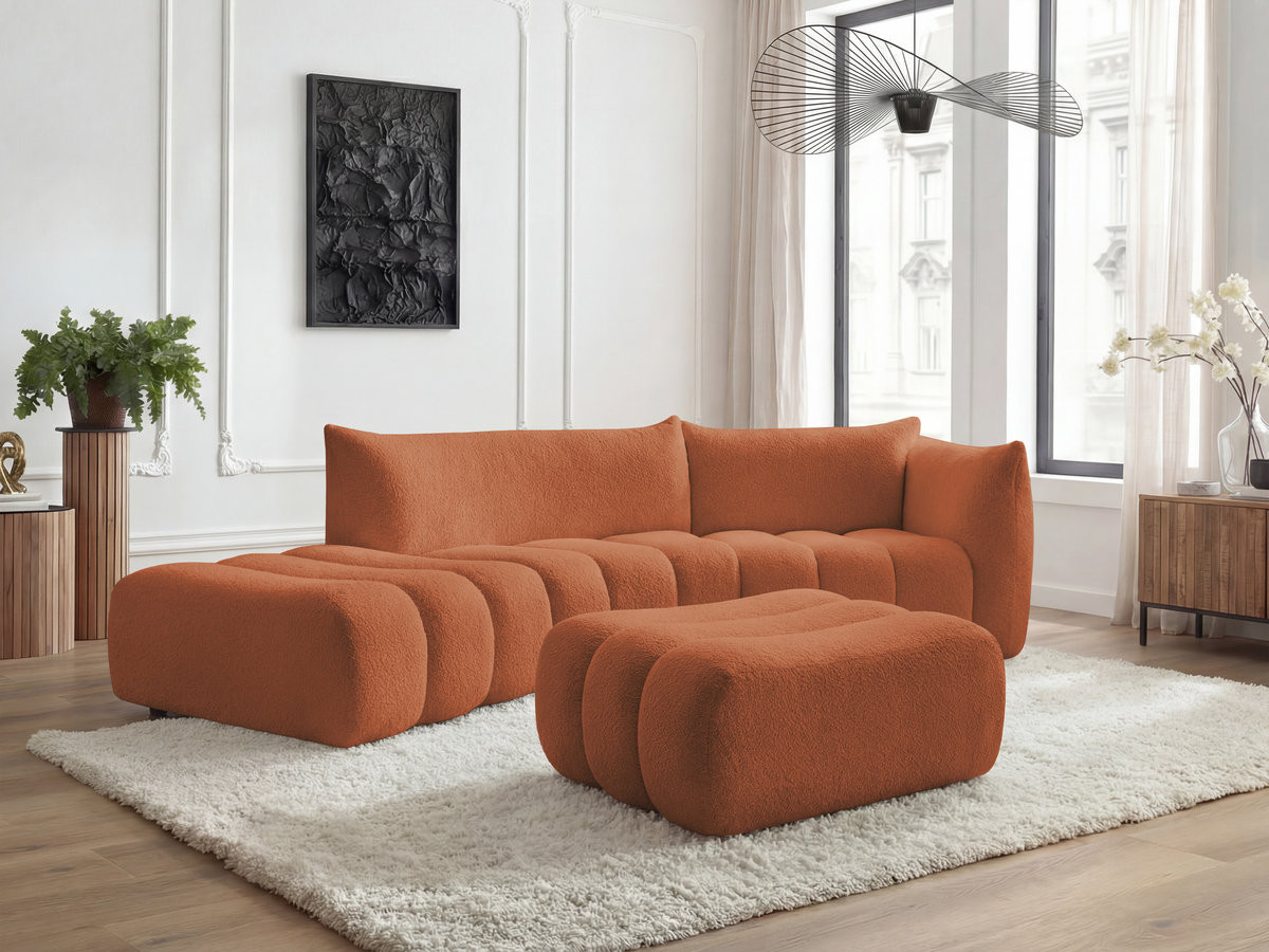 Canapé incurvé 4 places AZRA bouclette avec pouf orange