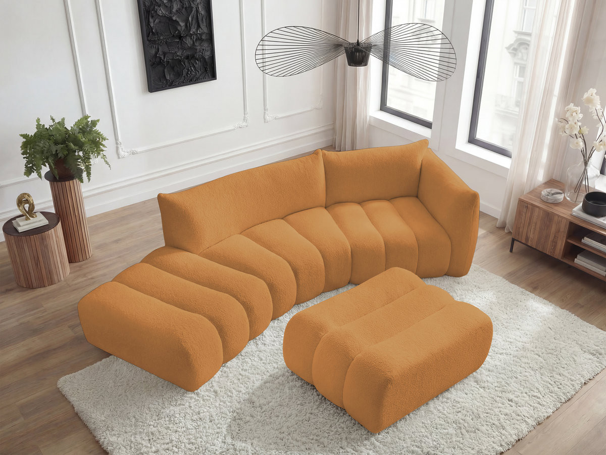 Canapé incurvé fixe 4 places AZRA tissu bouclette avec pouf